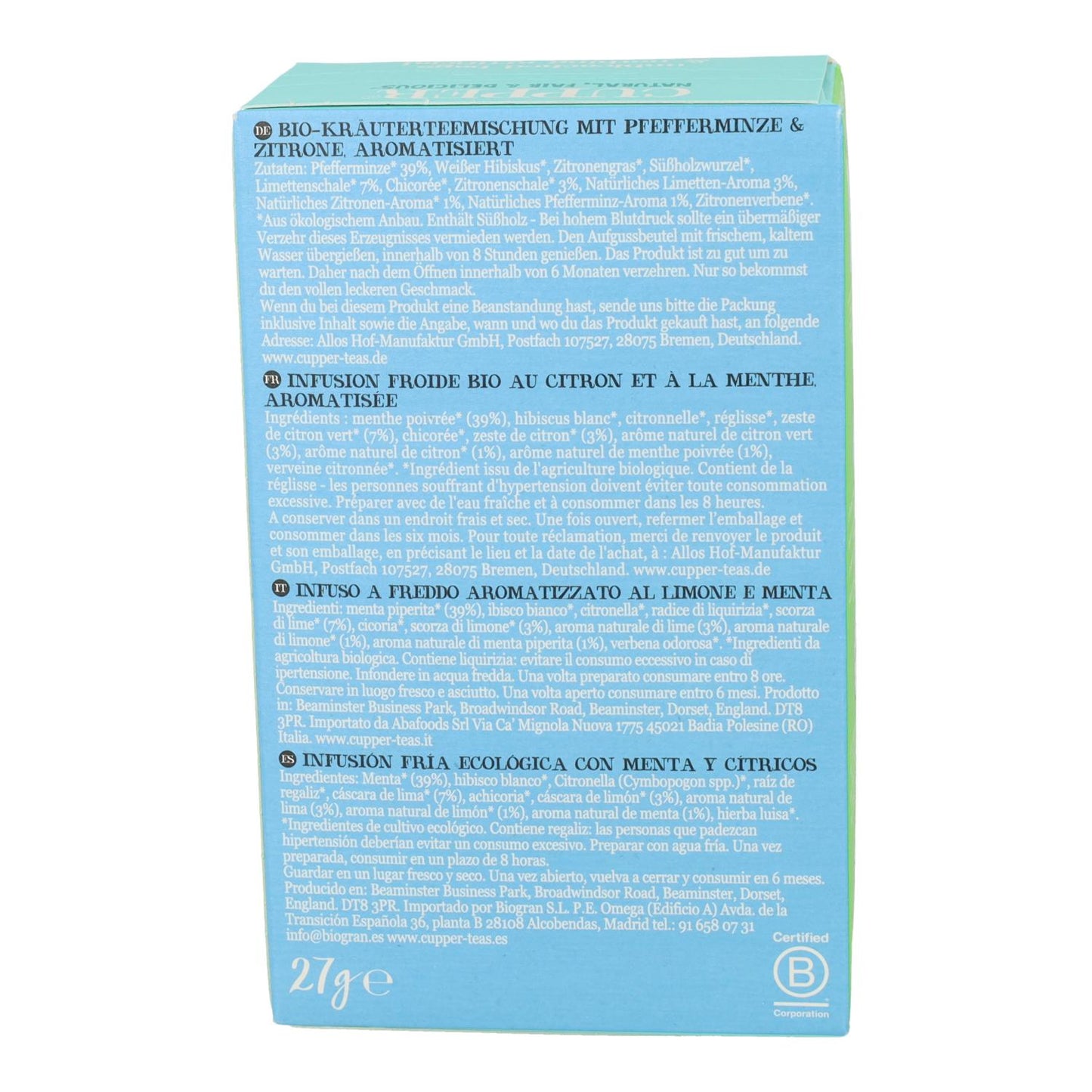 Infusion Fria De Menta Y Citricos Bio Cupper 10 Bolsas