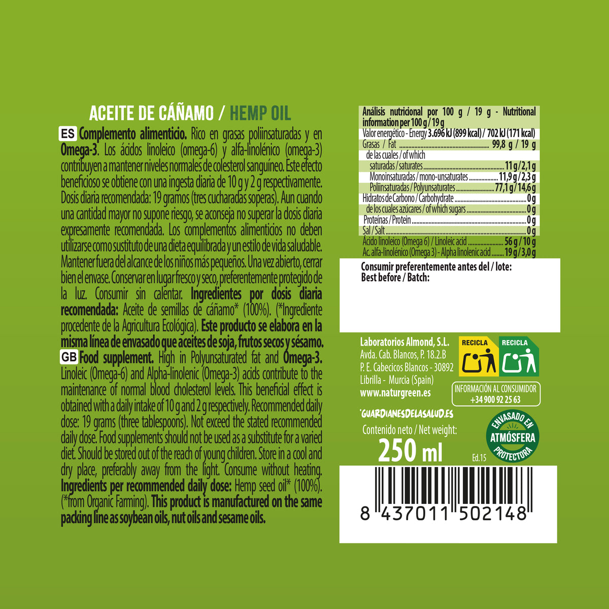 Olio di canapa biologico, NaturGreen 250 ml