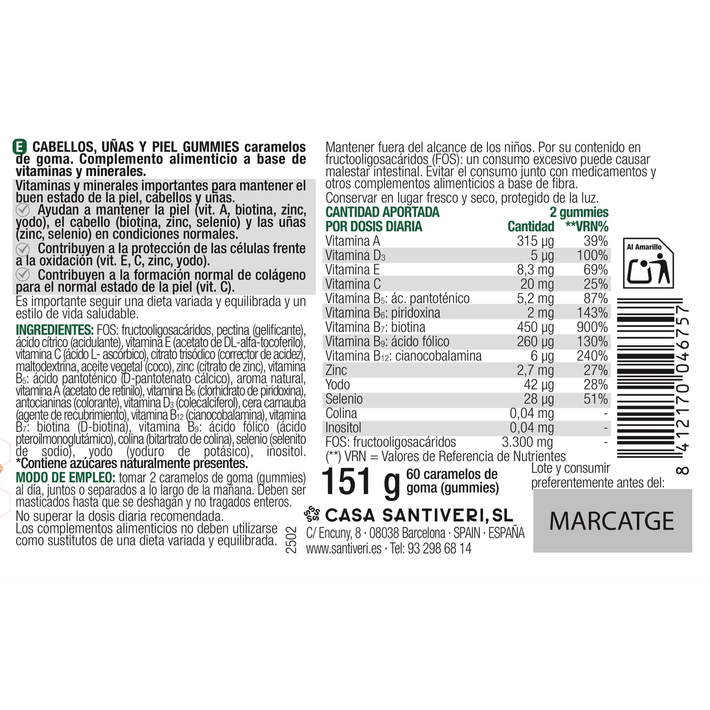 Caramelle gommose masticabili per capelli, unghie e pelle SantiverI 60 caramelle gommose 162 g