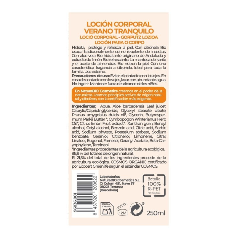 Lozione corpo Verano Tranquilo 250 Citronella, NATURABIO, 250 ml