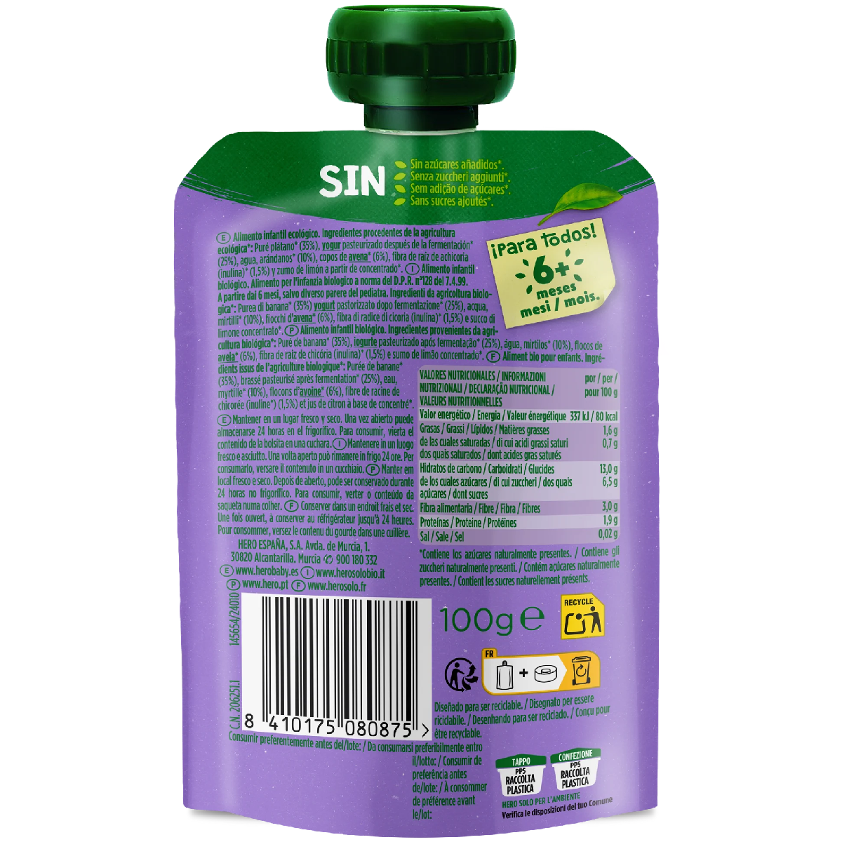 Bustina Nutri Flora gusto banana, mirtilli, yogurt e avena 100 g Hero Solo