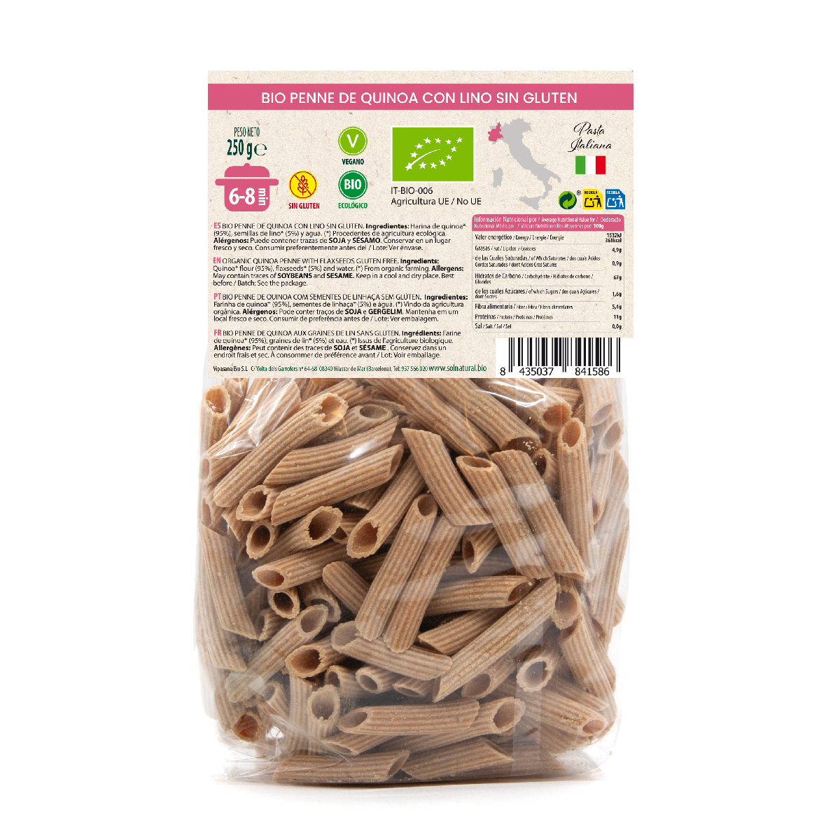 Maccheroni di quinoa con semi di lino biologici senza glutine Sol Natural 250 g