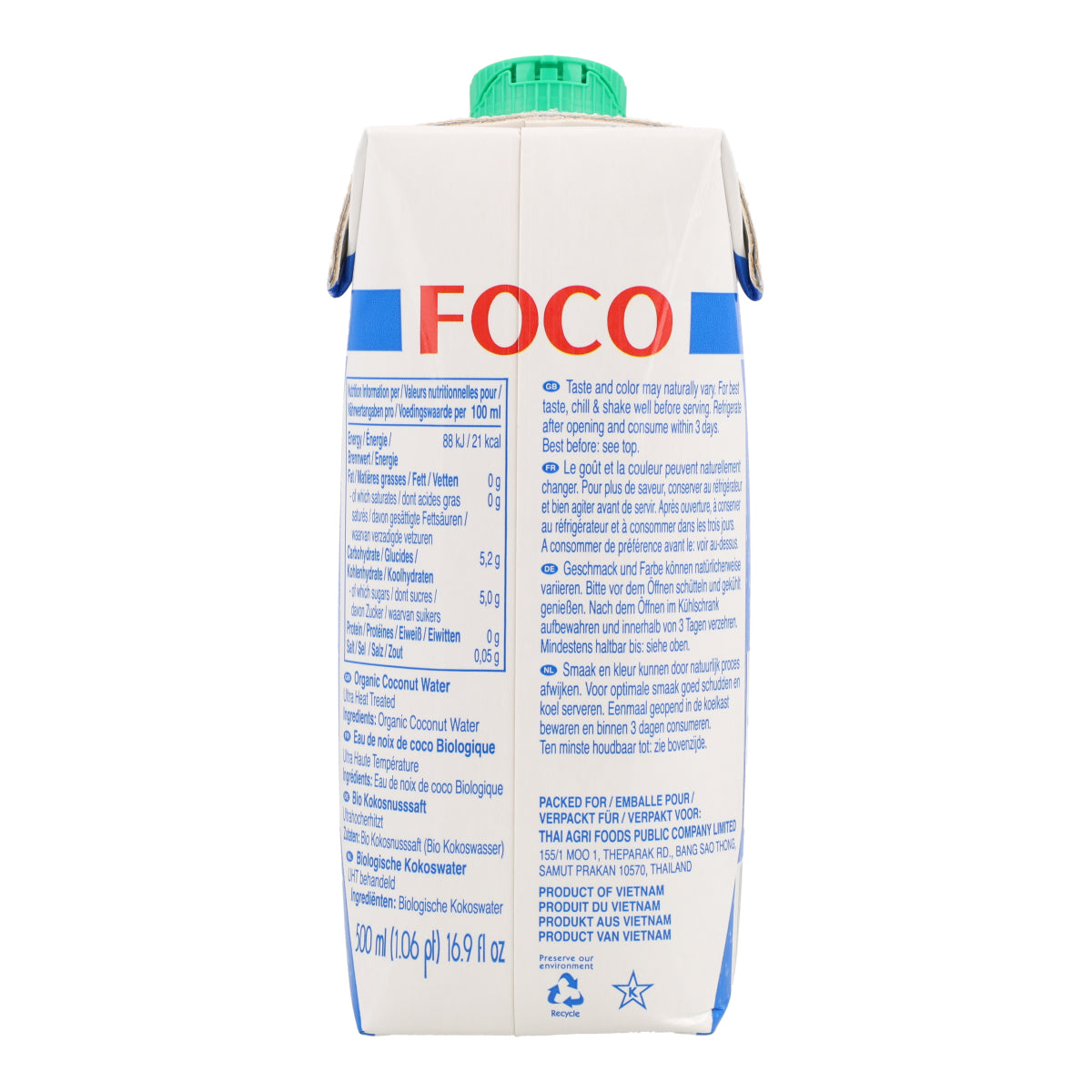 Acqua di cocco pura, 100% naturale Foco 500 ml