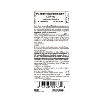 MSM (Metilsulonilmetano), 60 comprimidos de 1000mg