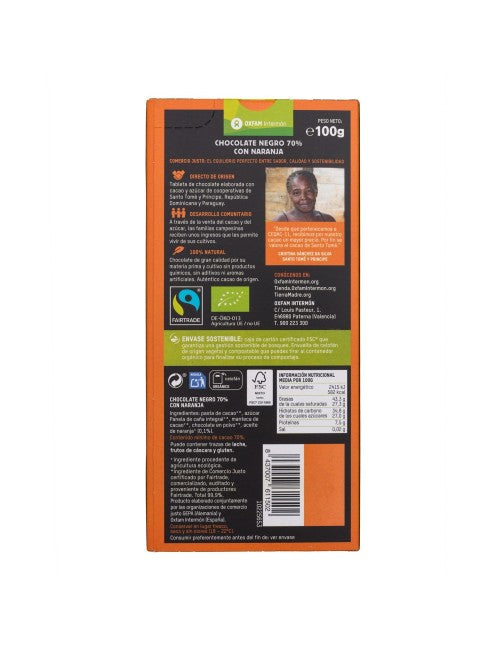 Tableta chocolate negro 70% Naranja Bio Tierra madre 100g