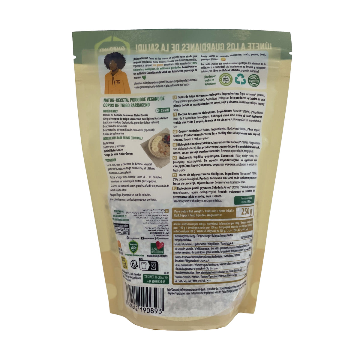 Confezioni da 2 confezioni di fiocchi di grano saraceno biologico senza glutine Naturgreen 2 confezioni da 250 g