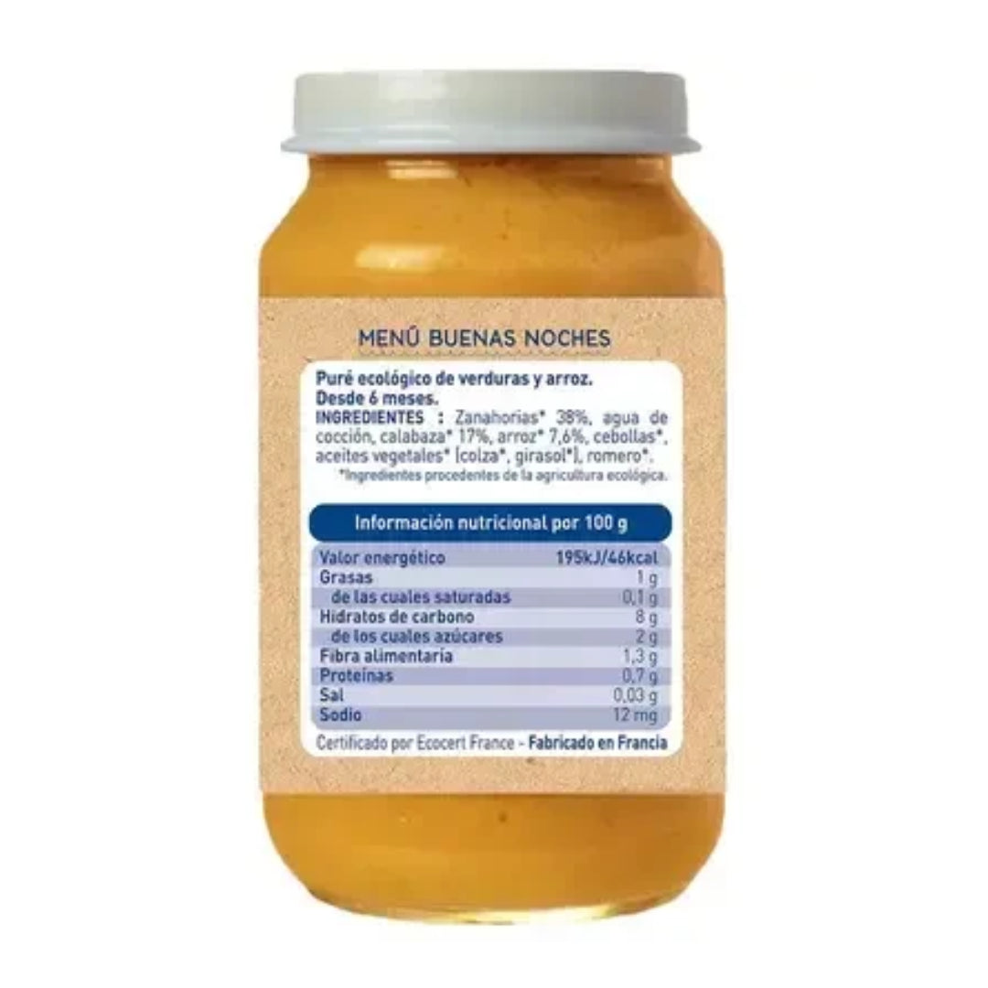Tarrito Buenas Noches Zanahoria, Calabaza y Arroz, Babybio 200 g
