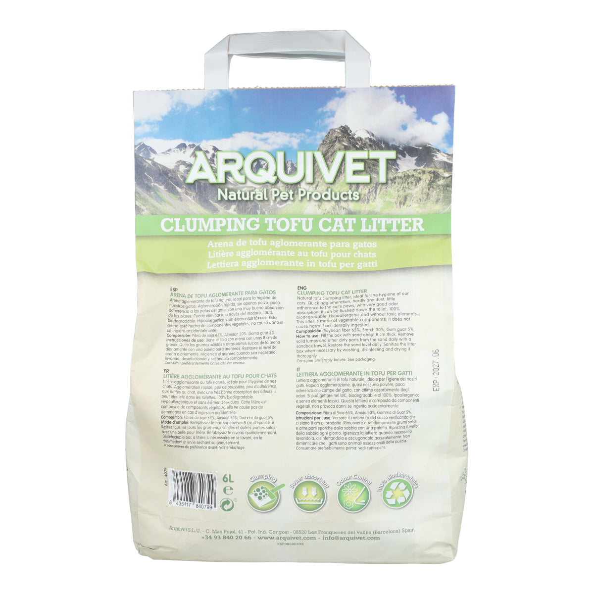 Lettiera per gatti Tofu Arquivet 6 L Sabbia agglomerante biodegradabile a base di soia
