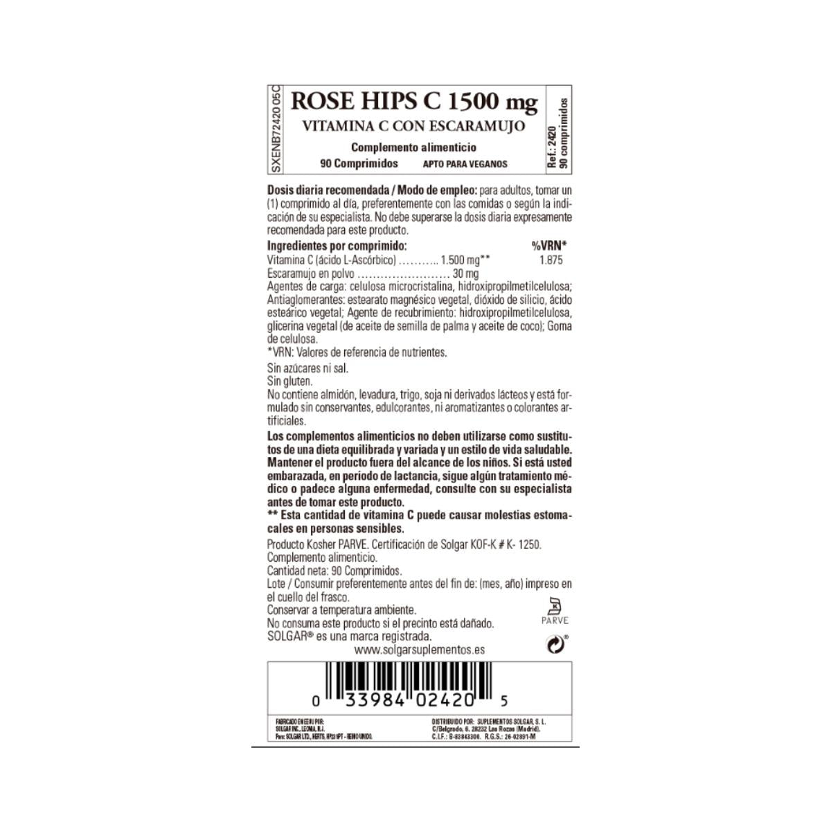 Pack 2x Rose Hips Vitamina C con escaramujos 1500 mg, 90 comprimidos