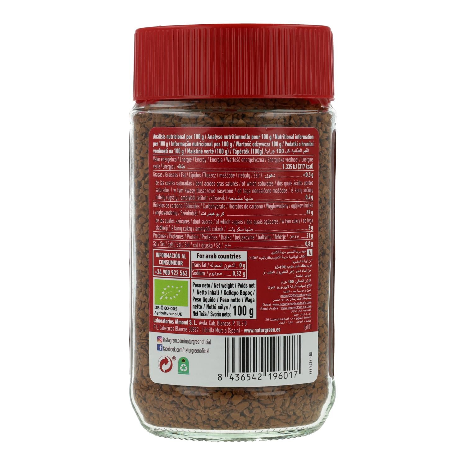 Biocoffee Café soluble Descafeinado Bio Premium NaturGreen 100 g
