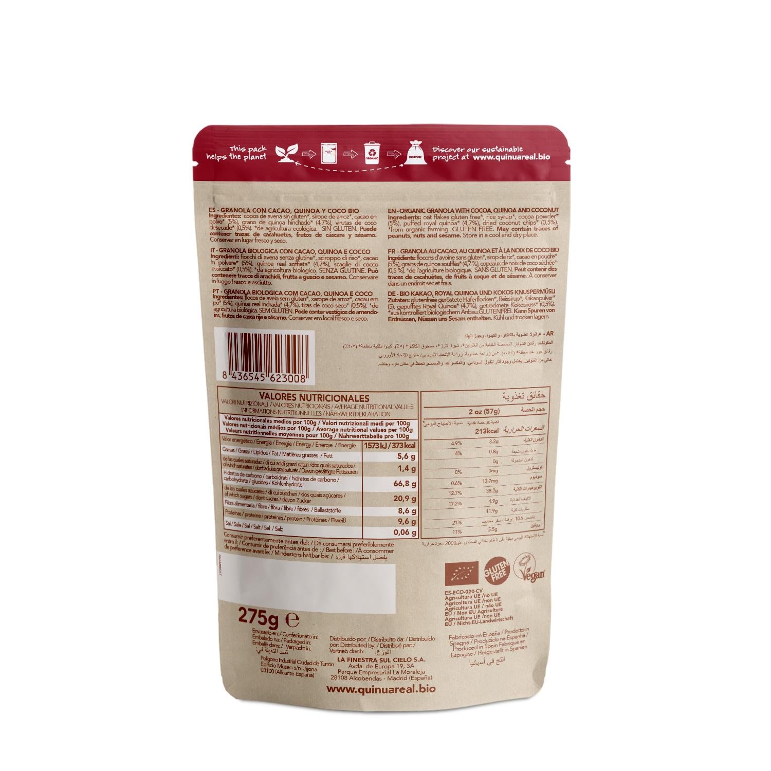 Granola de Quinua Real con cacao y coco sin gluten BIO La Finestra Sul Cielo 250 g
