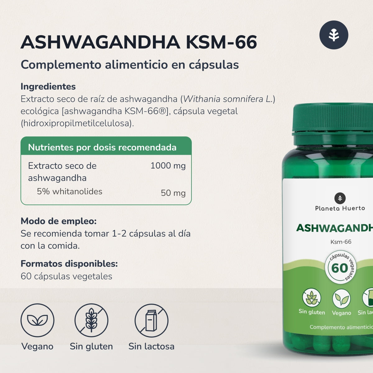 Ashwagandha KSM-66 Planeta Huerto 60 cápsulas