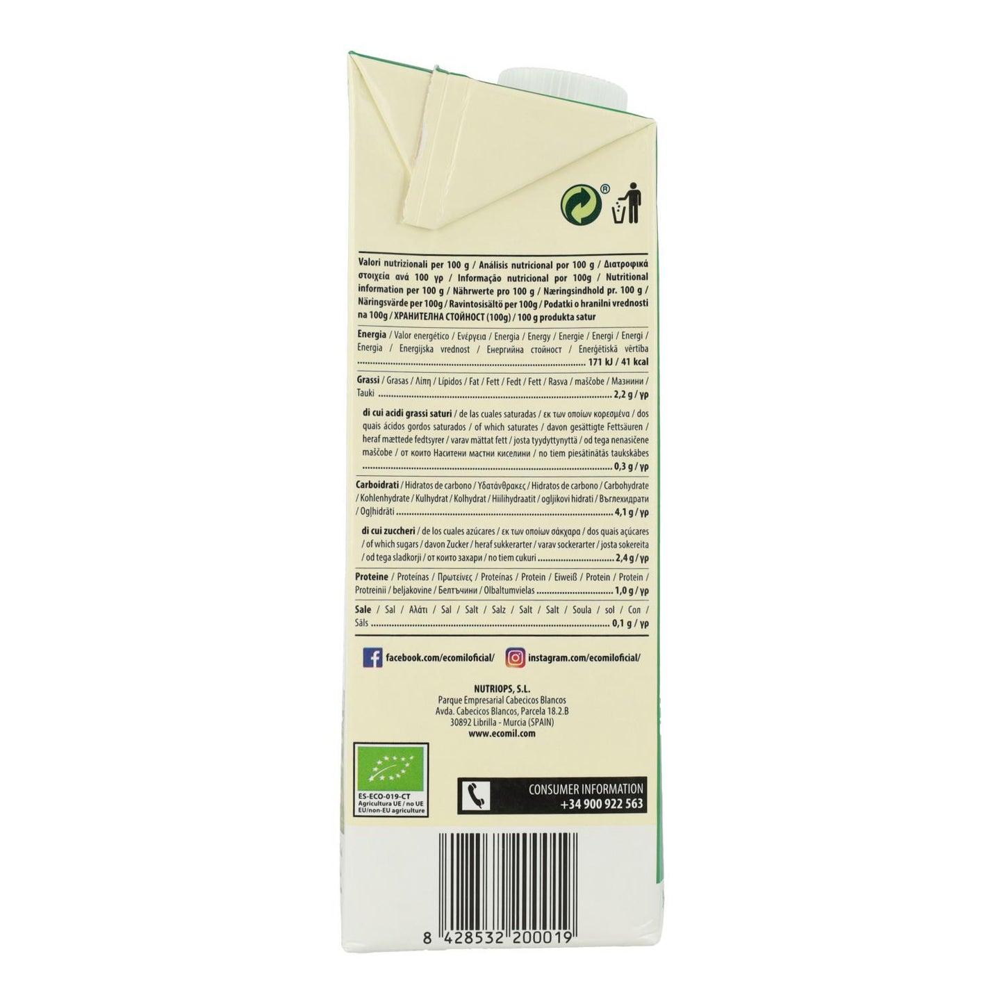 Pack 6 uds Bebida Vegetal de Almendra endulzada con Ágave BIO EcoMil 1L