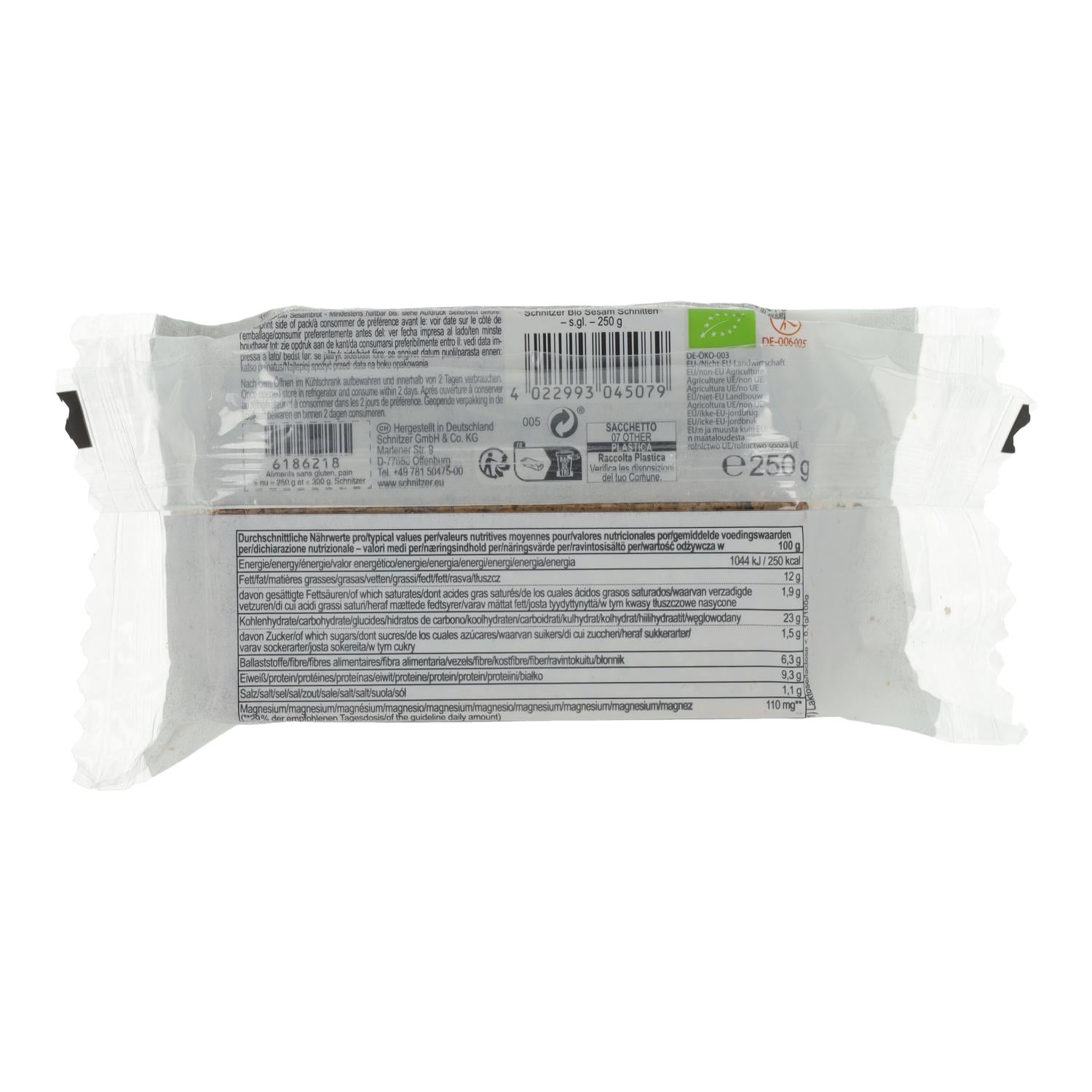 Pan fermentado de trigo sarraceno Sésamo Ecológico Sin gluten para tostadas Schnitzer 250 g