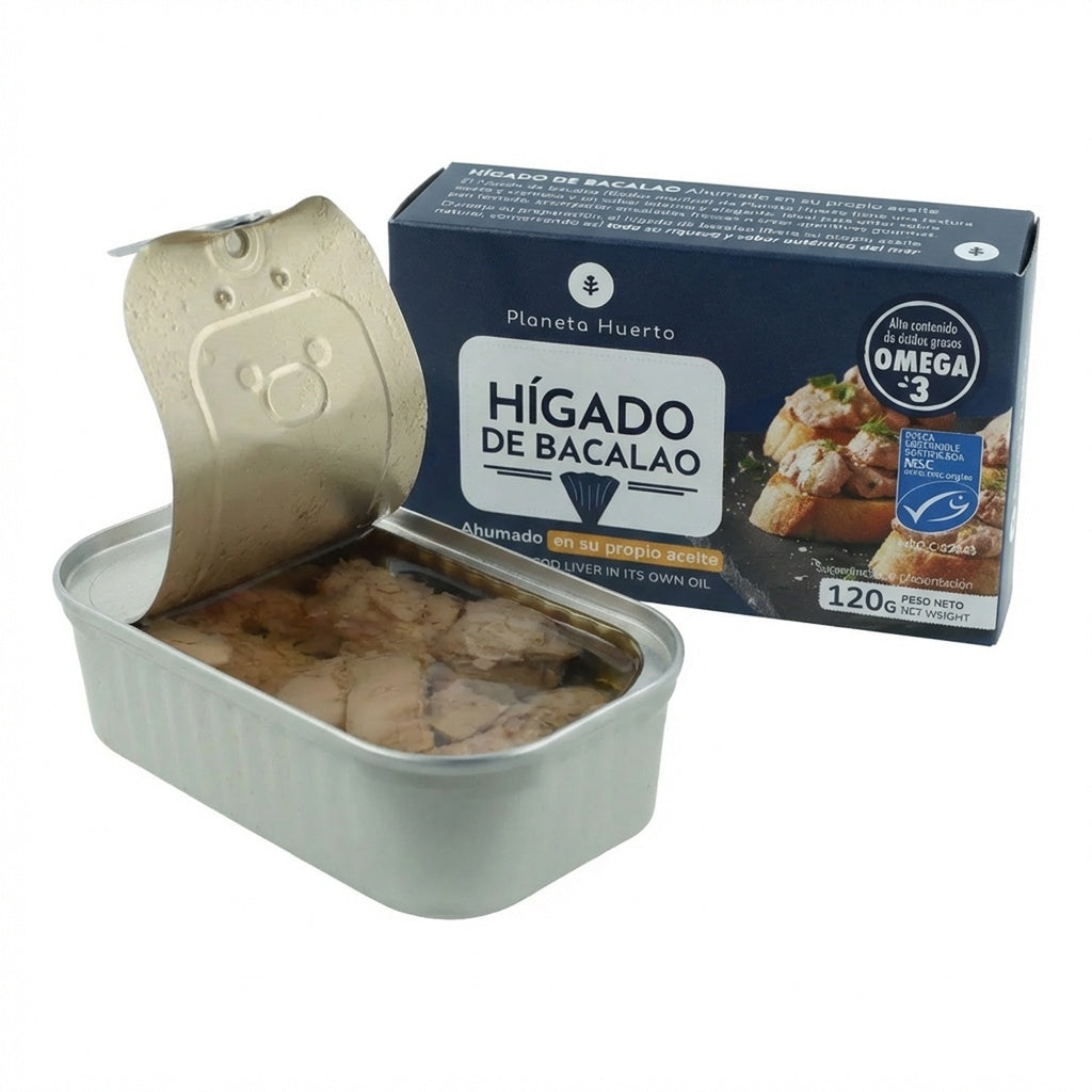 Pack 12x Hígado de bacalao en su propio aceite MSC pesca sostenible Planeta Huerto 120 g