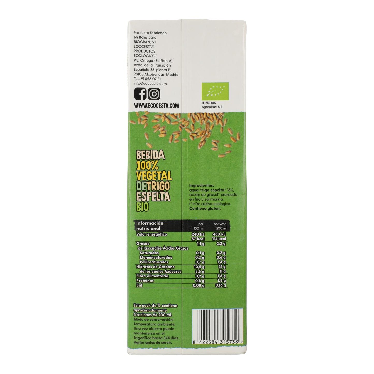 Bebida Vegetal De Trigo Espelta Bio Ecocesta 1L