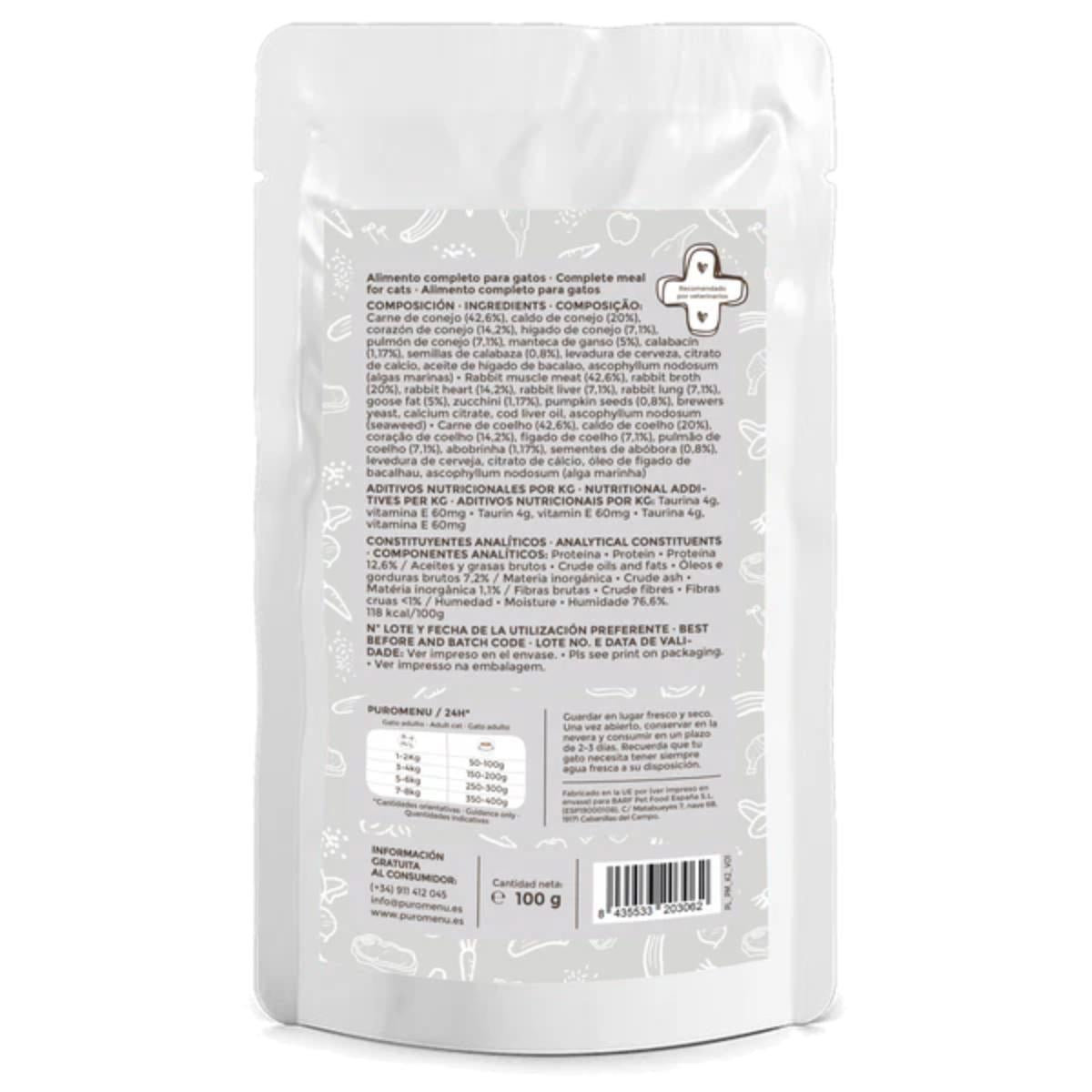 Comida húmeda Barf gatos Caza del día (Conejo) Puromenu 100 g