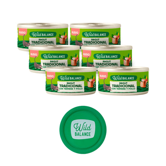 Pack 6x Ragut tradicional de ternera y pollo para gatos 6 x 80 g + Regalo: Tapa reutilizable para latas, Wild Balance