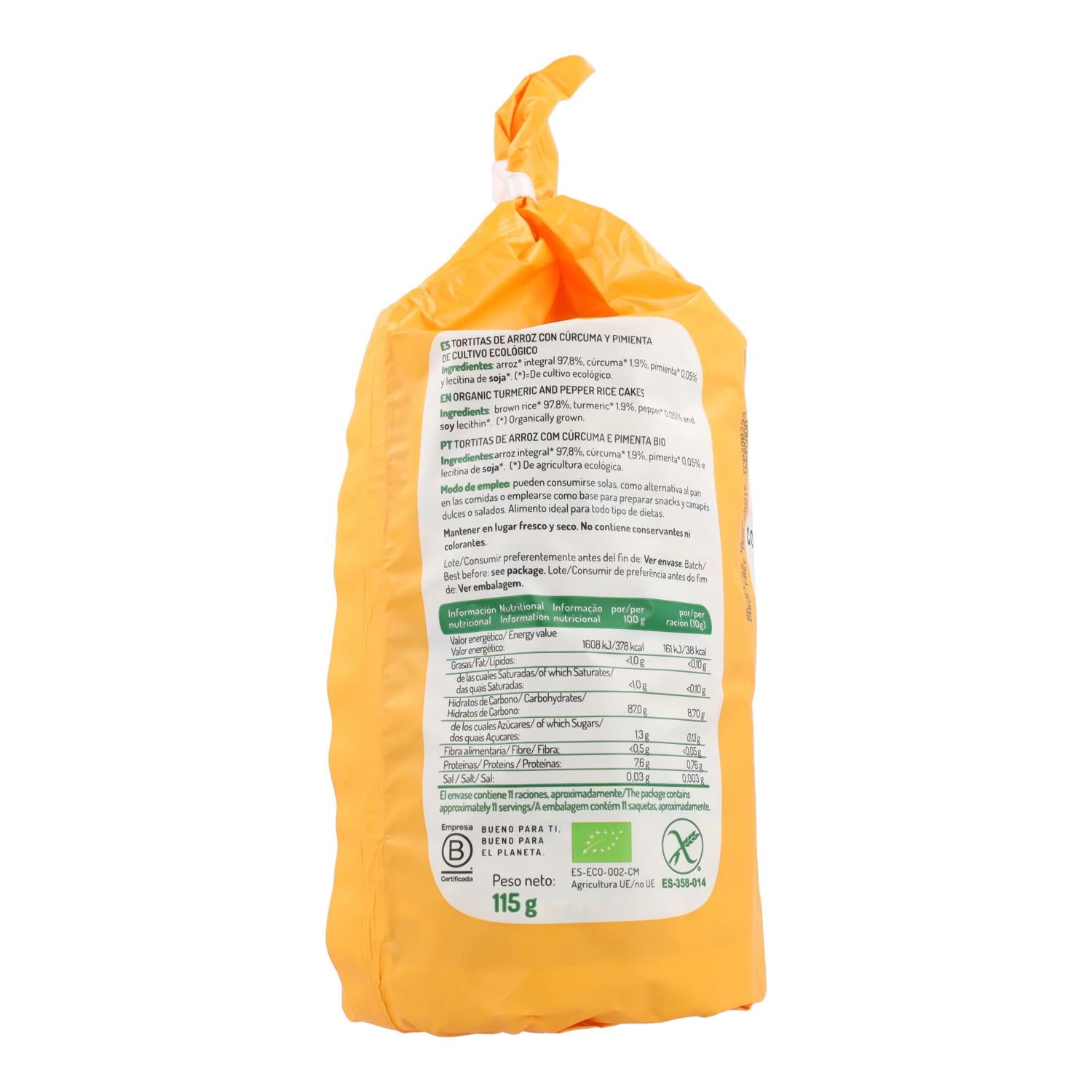 Tortitas de Arroz con Cúrcuma y Pimienta Sin Gluten Bio El Granero, 115 g