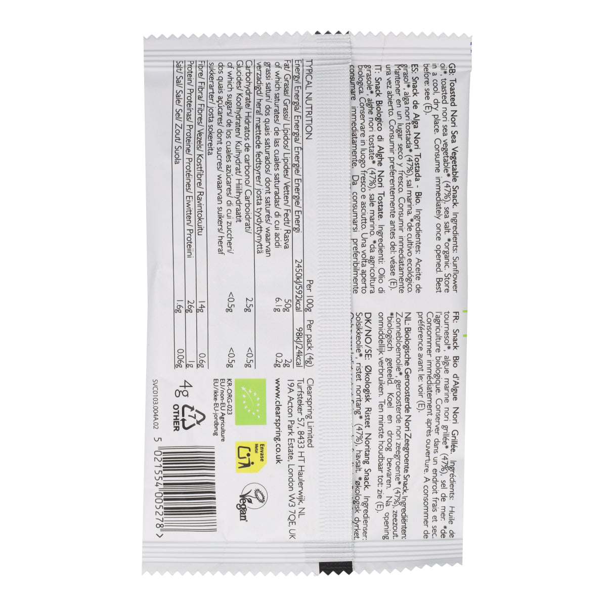 Snack di alga nori tostata biologica Clearspring 4 g