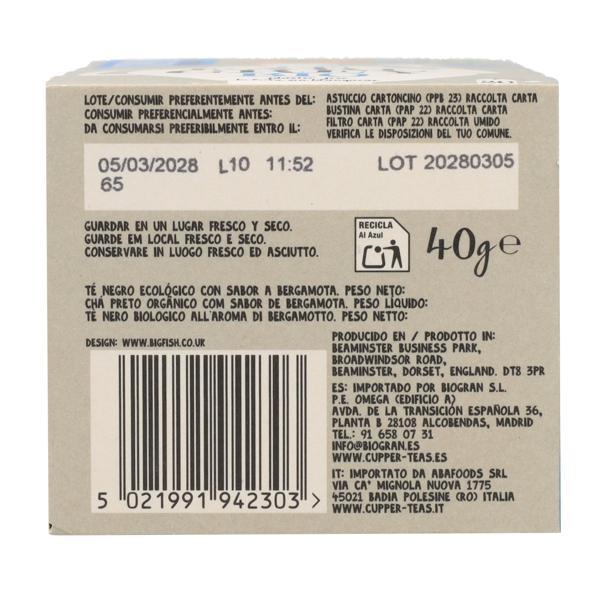 Tè nero Earl Grey Bio Cupper 20 bustine