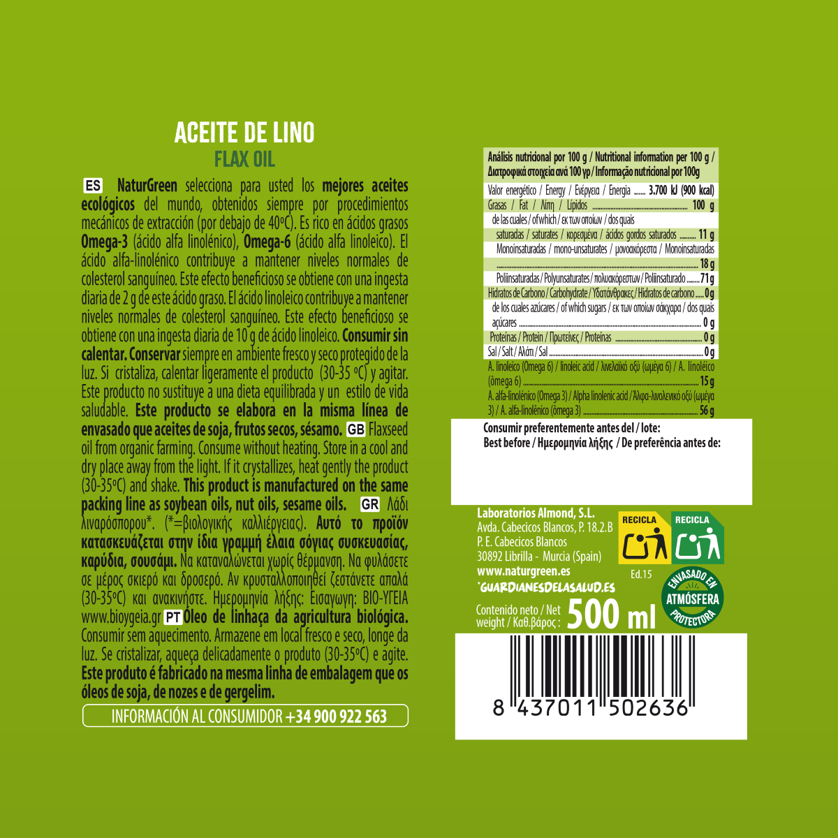 Olio di lino biologico NaturGreen 500 ml