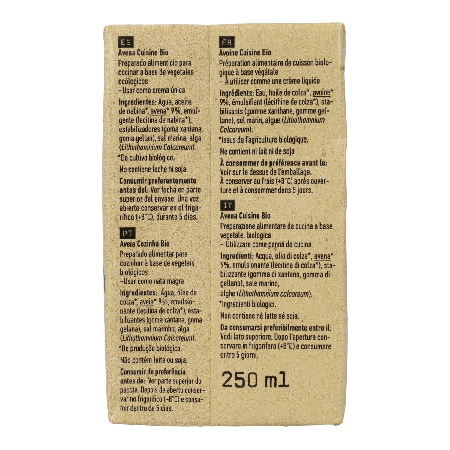 Crema de Avena Ligera Cuisine Oatly Bio, 250ml