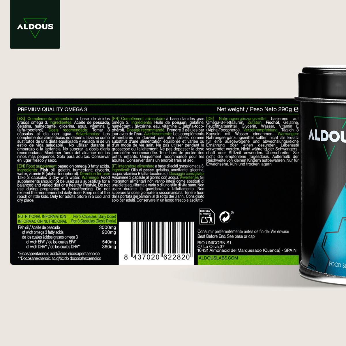 Omega 3 - 3000 mg | EPA y DHA Aldous 210 cápsulas