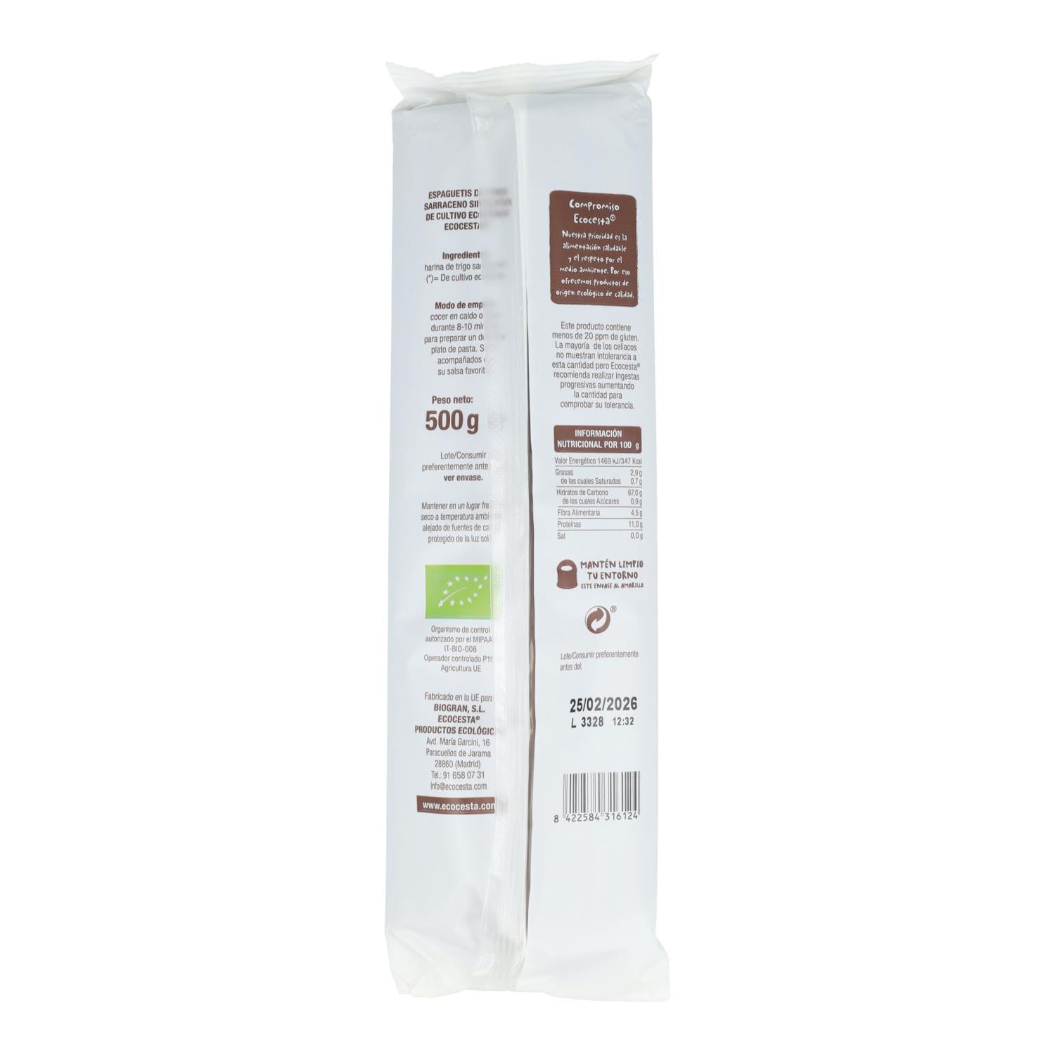 Espaguetis de Trigo Sarraceno sin gluten BIO 500 gr