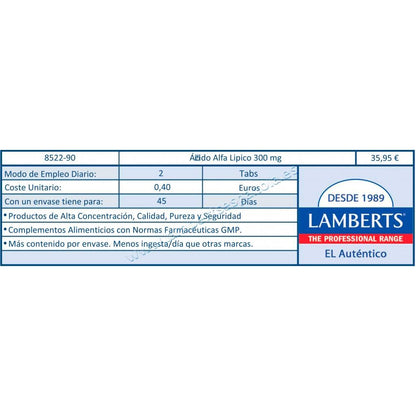 Ácido Alfa Lipoico 300 mg Lamberts, 90 tabletas