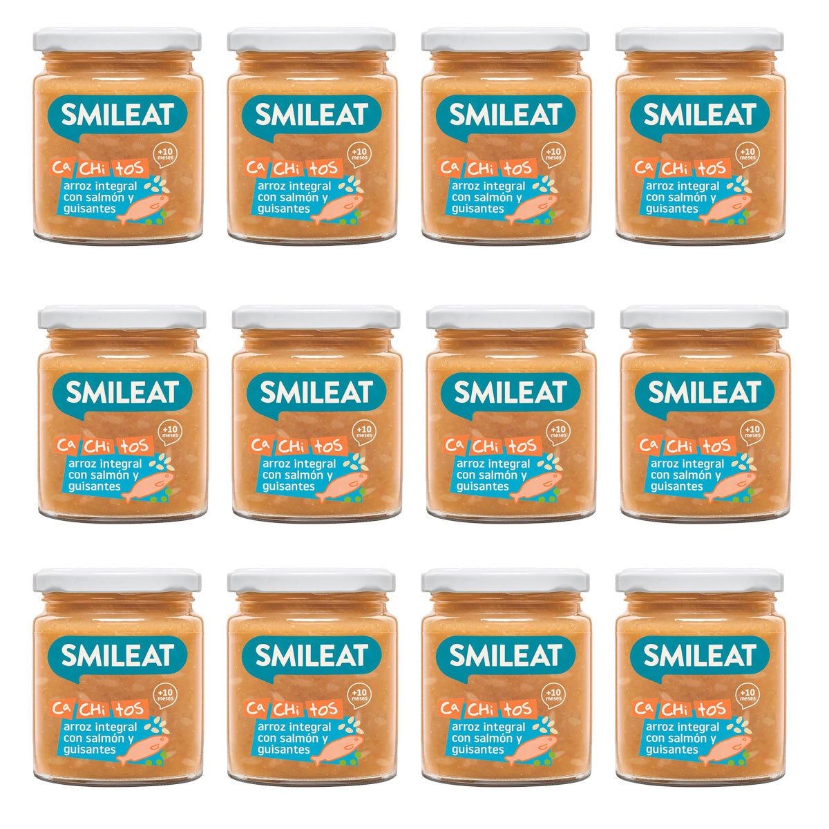 Pack 12x Tarrito de Arroz con Salmon y Guisantes ECO CA CHI TOS Smileat, 230g