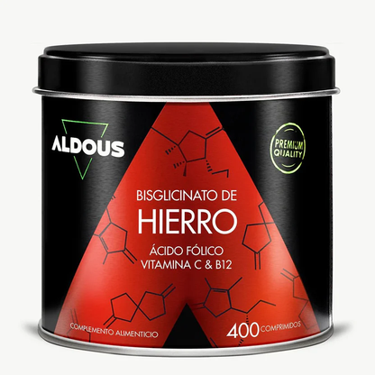 Hierro Suplemento 28 mg + Vitamina C, B12 y Acido Fólico Aldous Bio 400 Comprimidos
