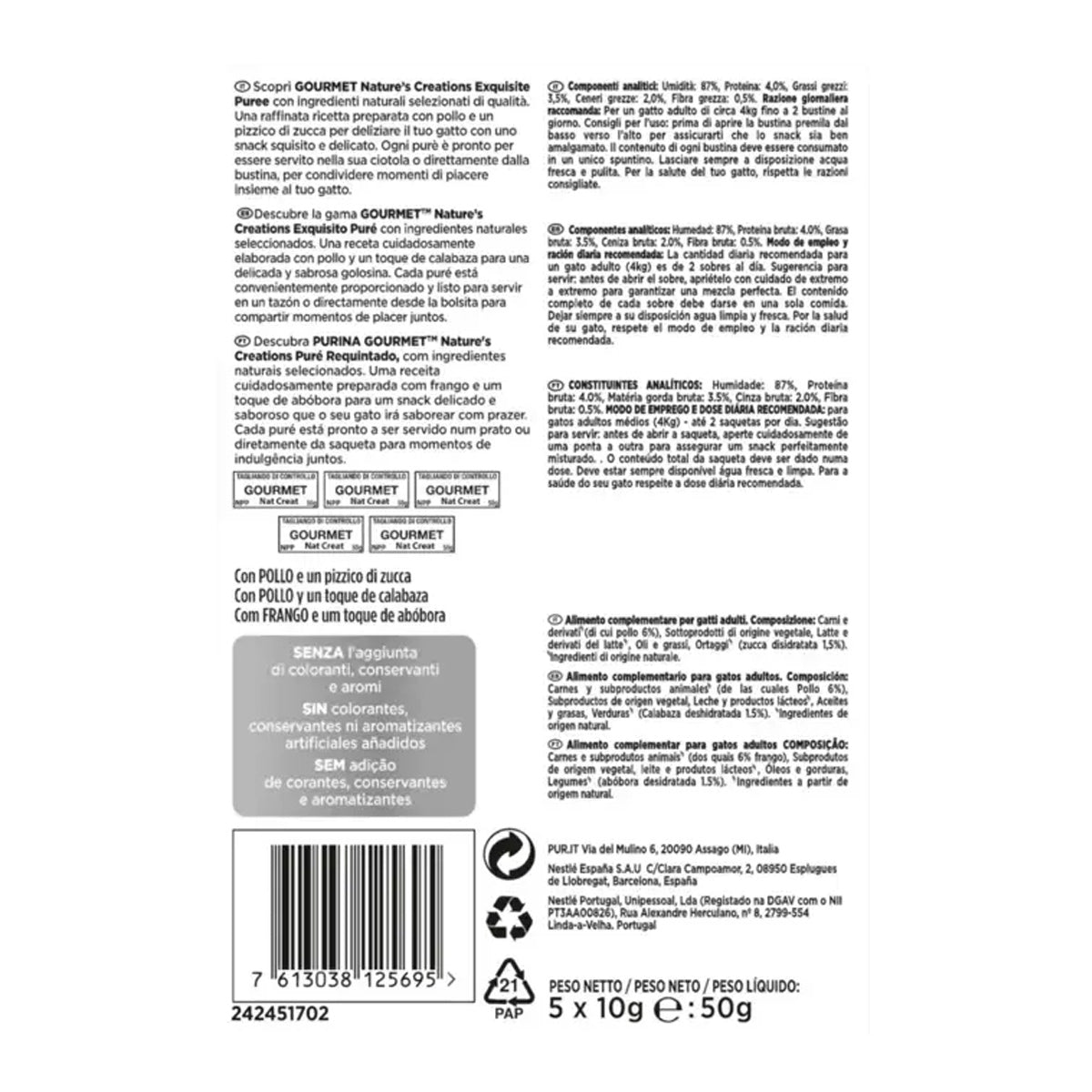 GOURMET Nature's Creations Exquisito Puré Snack Liquido con Pollo y Calabaza 5x10g