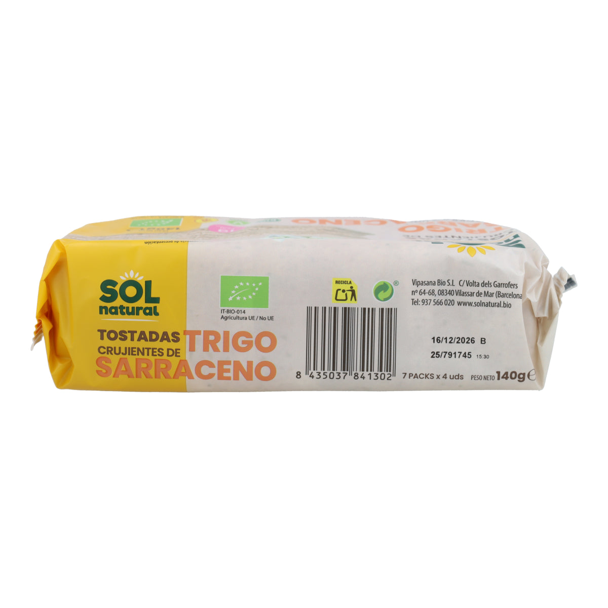 Fette biscottate di grano saraceno senza glutine Sol Natural 140 g BIO