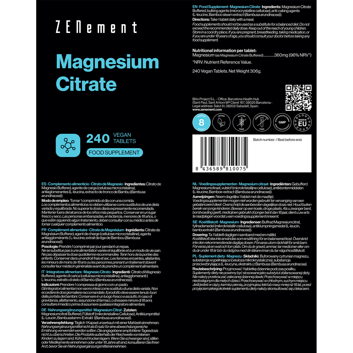 Citrato de Magnesio Zenement 240 comprimidos