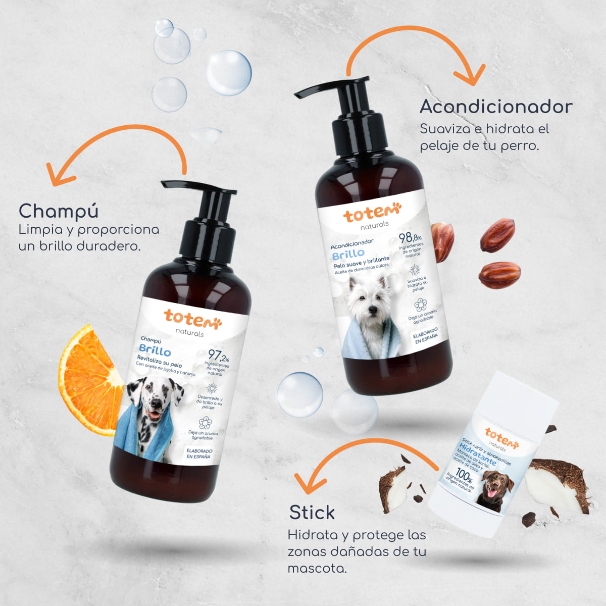 Pack Hidratación para perros Stick nariz y almohadillas + Champú 250 ml + Acondicionador 250 ml Totem Naturals