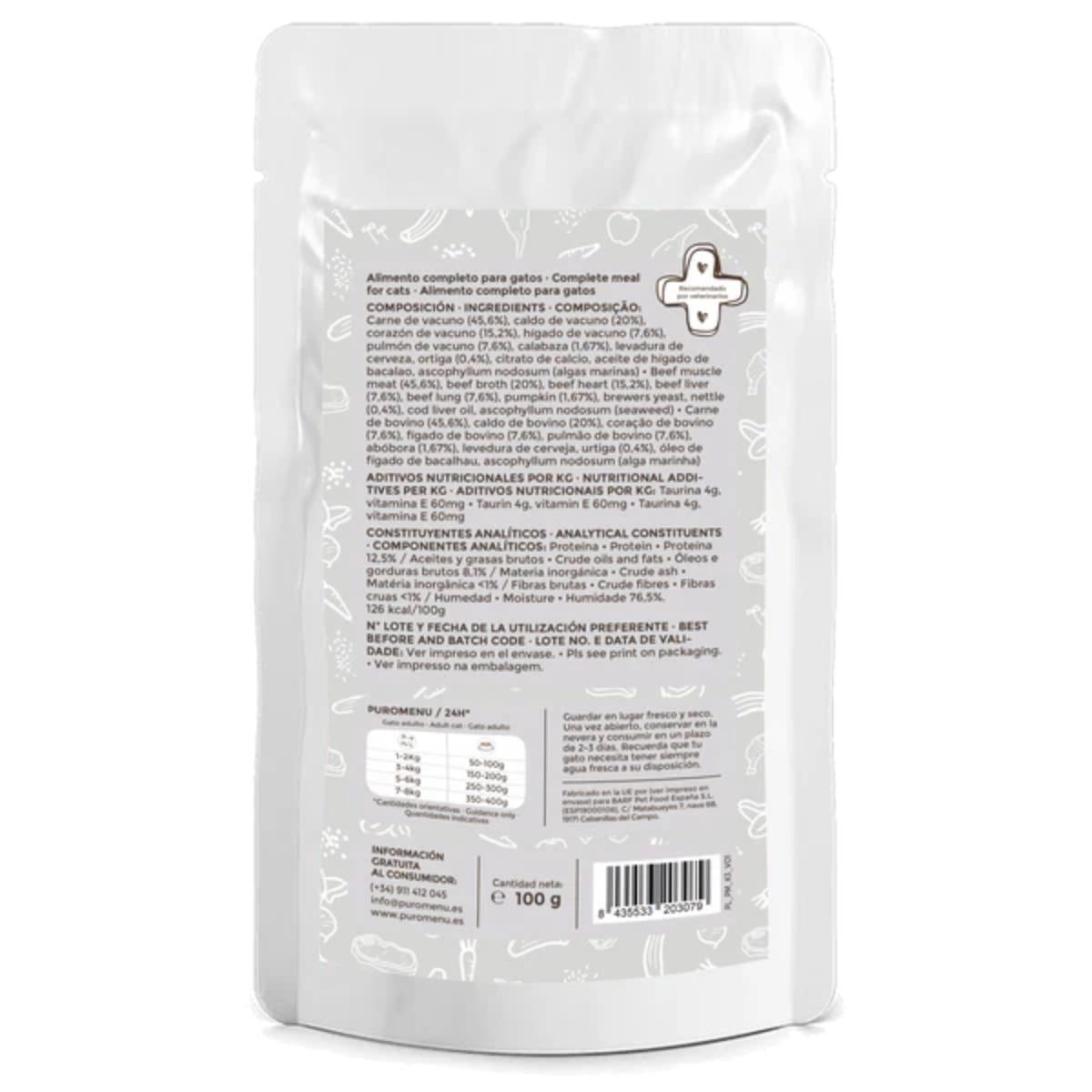 Comida húmeda Barf gatos Bigotes felices (Vacuno) BIO Puromenu 100 g