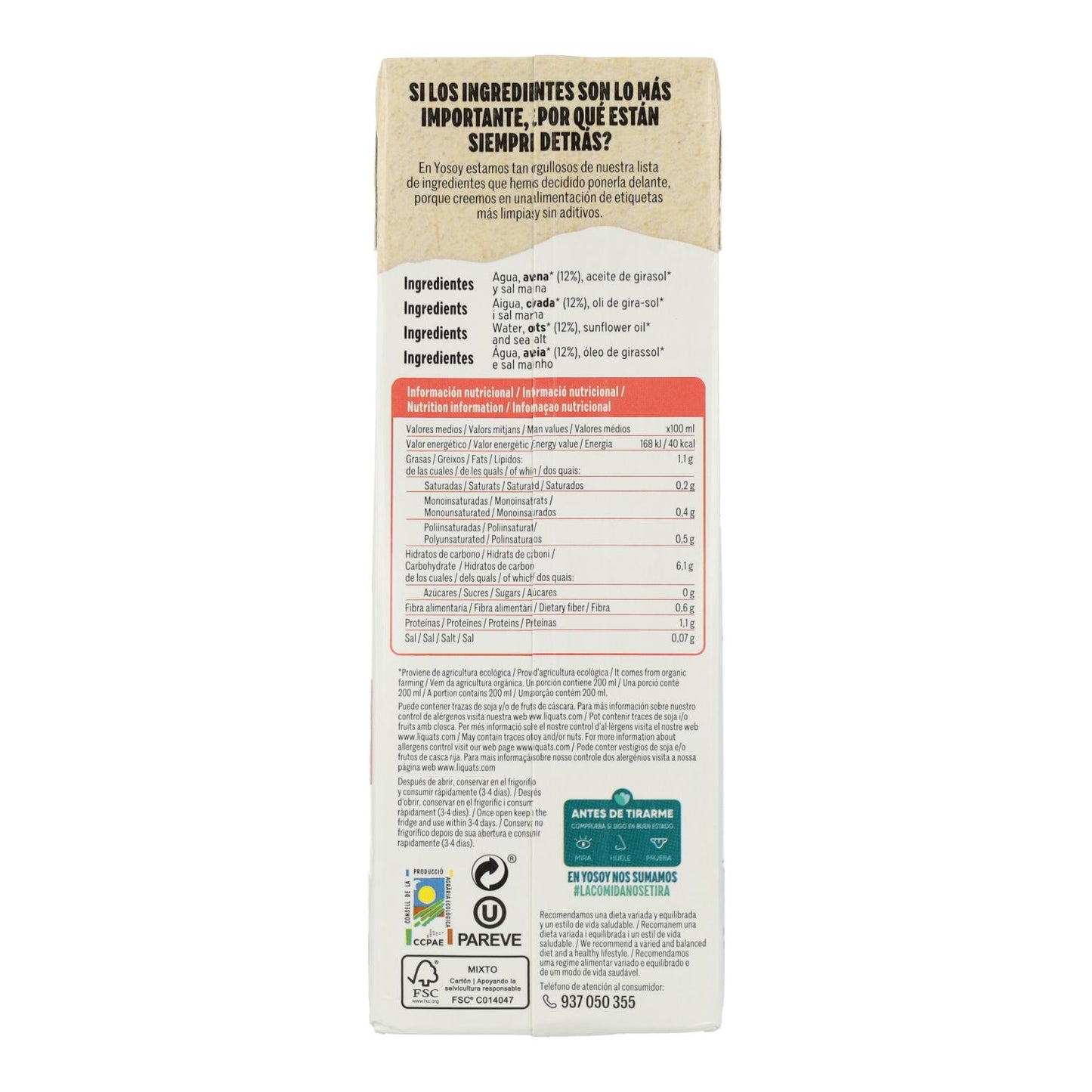 Bebida de Avena 0% Azúcares Bio Yosoy Ecológica 1 L