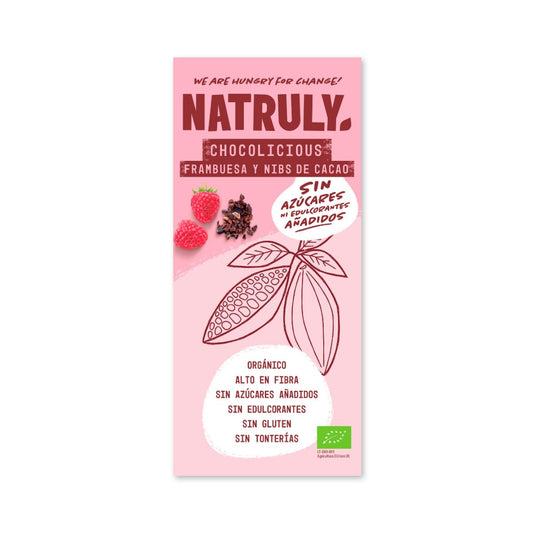 Tableta Chocolicious BIO chocolate con frambuesa y nibs de cacao Natruly 85 g