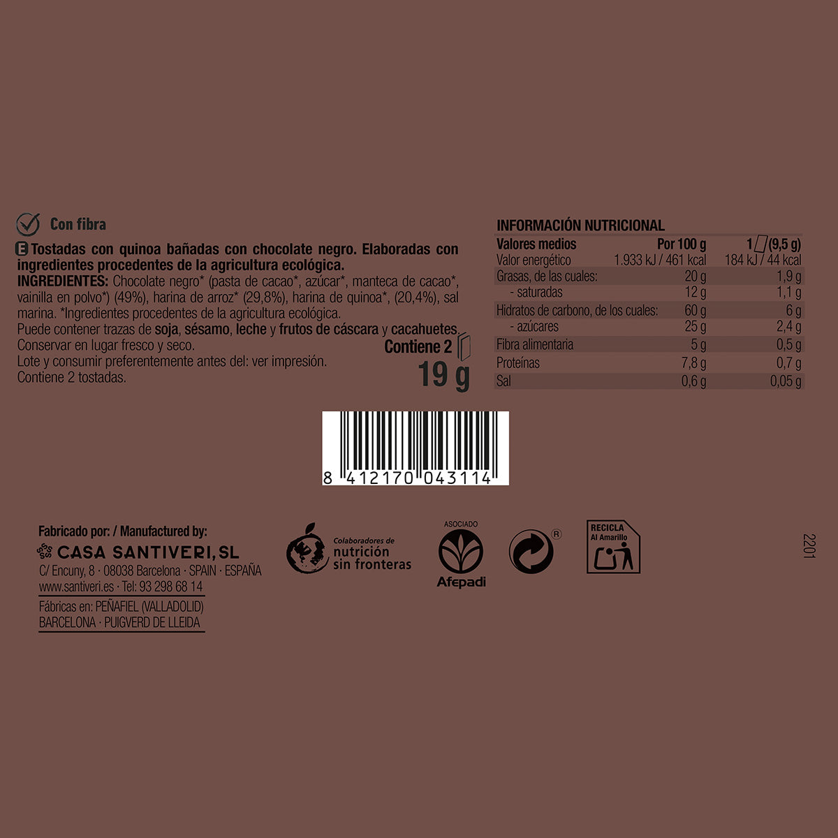 Fette biscottate croccanti con quinoa e cioccolato fondente BIO 3x57 g
