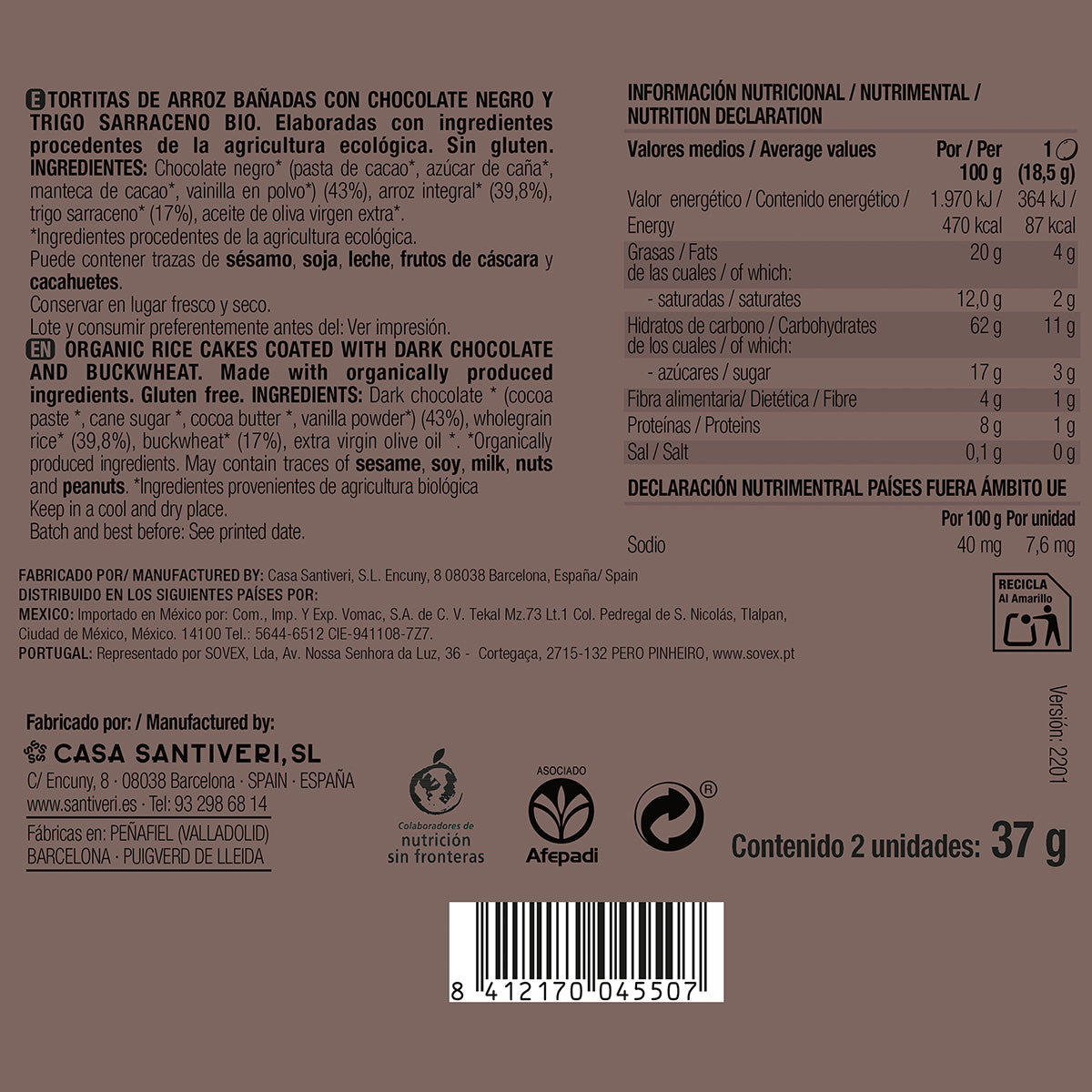 Focaccine di riso e grano saraceno con cioccolato fondente BIO 3x37 g.