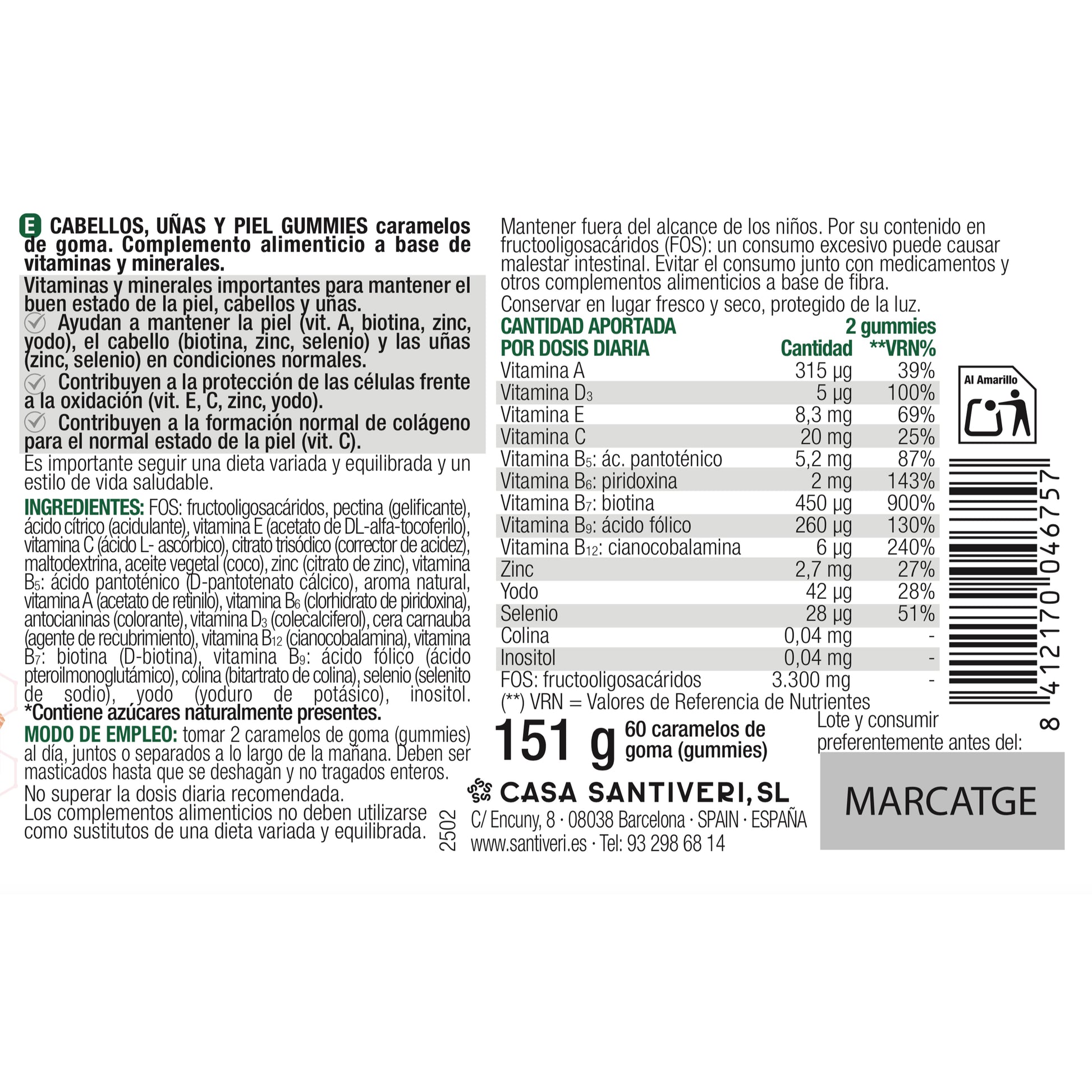 Caramelle gommose masticabili per capelli, unghie e pelle SantiverI 60 caramelle gommose 162 g