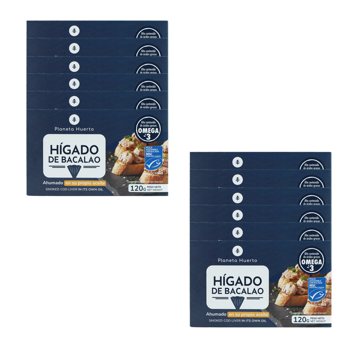Pack 12x Hígado de bacalao en su propio aceite MSC pesca sostenible Planeta Huerto 120 g