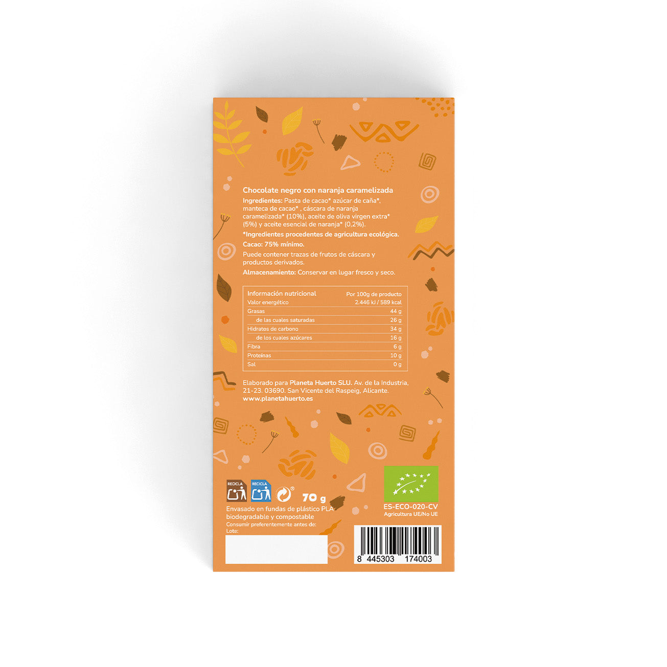 Tableta chocolate negro 75% con naranja caramelizada ECO Planeta Huerto 70 gr