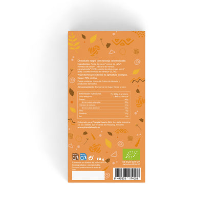 Tableta chocolate negro 75% con naranja caramelizada ECO Planeta Huerto 70 gr