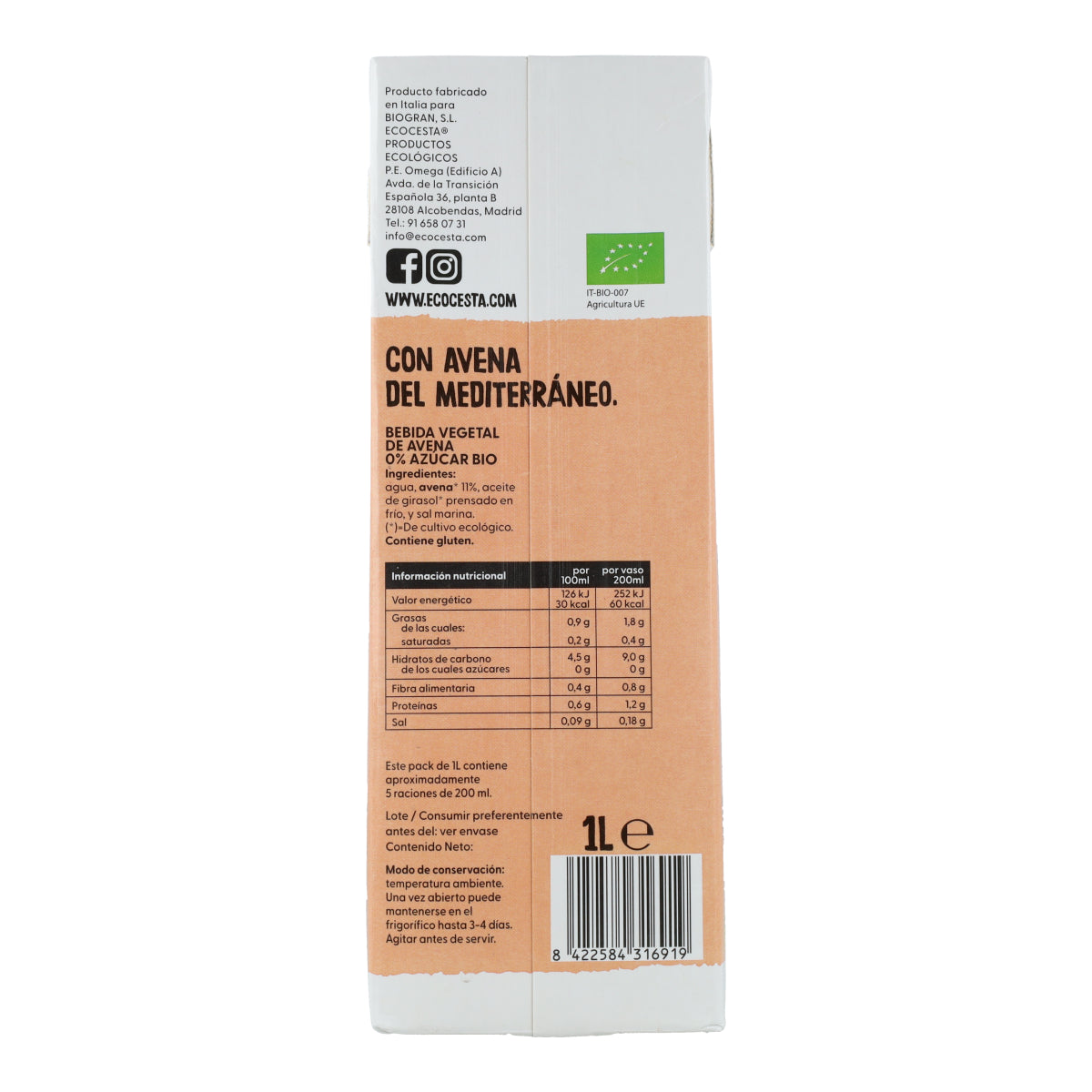 Bevanda vegetale all'avena 0% zucchero Bio Ecocesta 1L