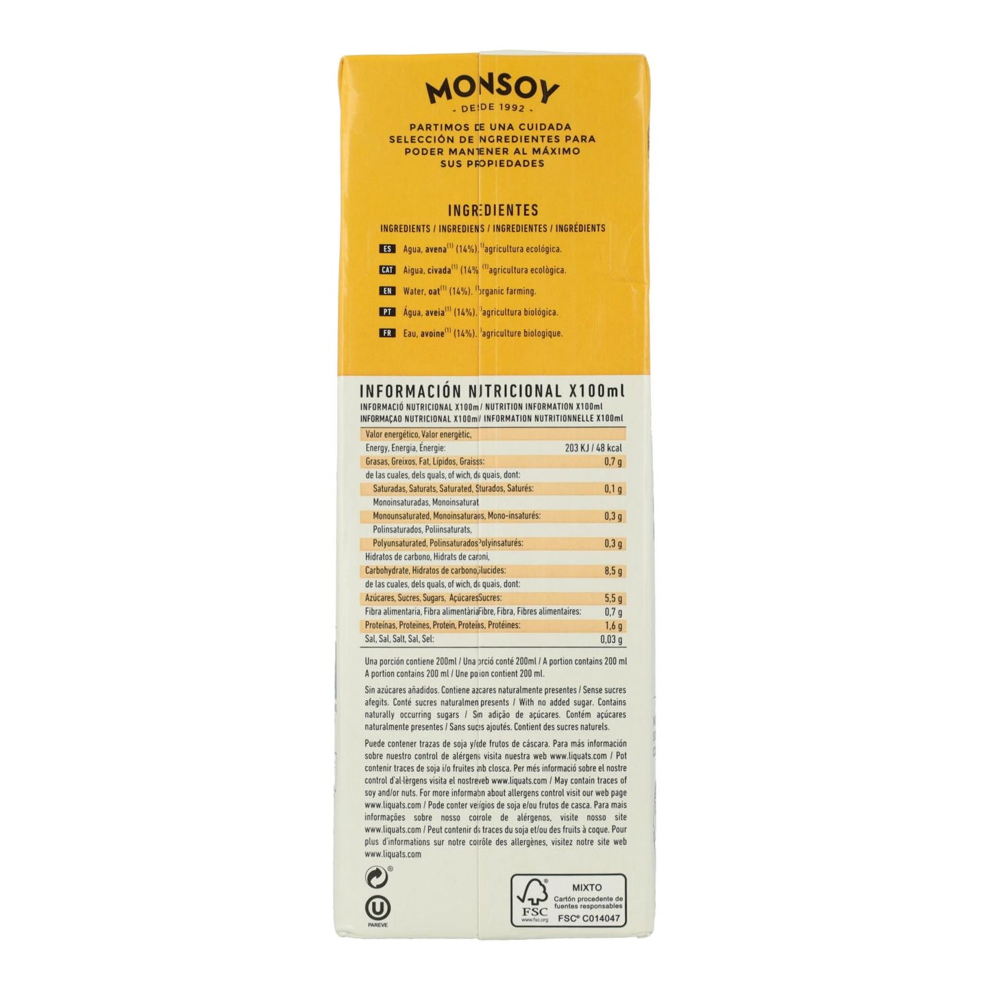 Bebida BIO de avena sin gluten Monsoy 1 L