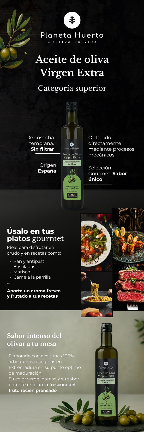Confezione da 3 oli extravergine di oliva di prima raccolta verde non filtrato Planeta Huerto 500 ml