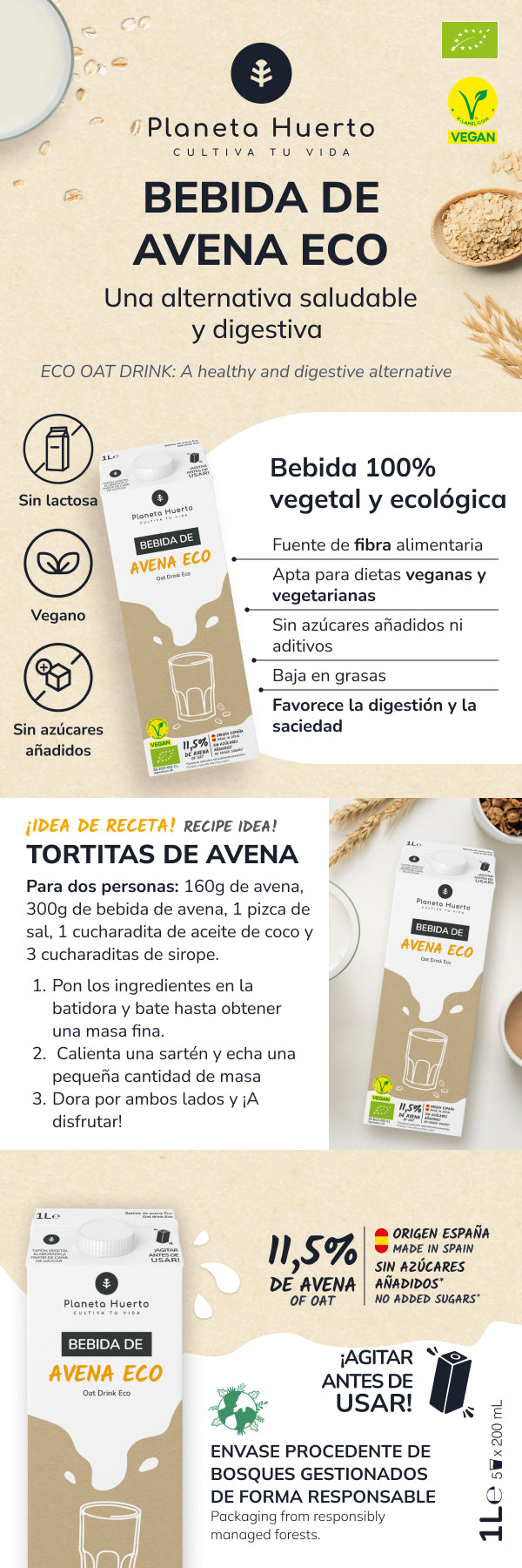 Confezione 12x Bevanda all'avena ECO Planet Garden Bevanda all'avena 1L