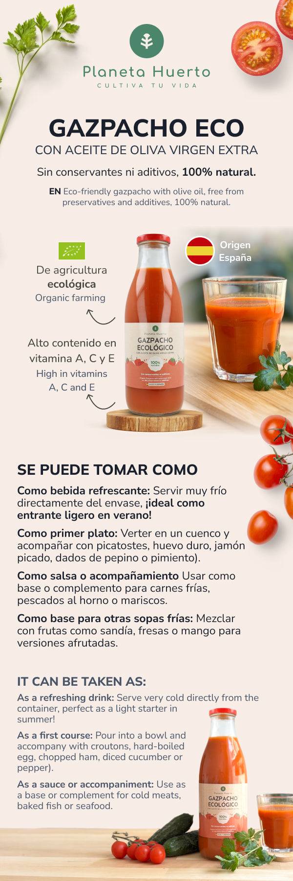 Gazpacho tradizionale ECO con olio extravergine di oliva Planeta Huerto 1L